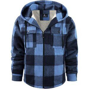Mens Flannel Hoodies Plaid Hoodies Winter Zip Up Fleece Jacket Sherpa